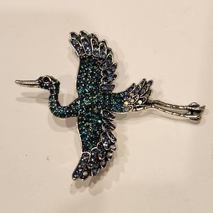 Teal Rhinestone Crane in Flight Bird Pin Brooch